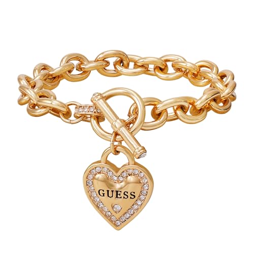 GUESS Goldtone Dangle Logo Heart Charm Chain Toggle Bracelet2