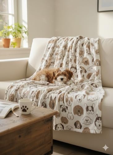 CUDDLOVE 50x70 Premium Soft Fleece Dog Blanket Throw Cute Puppy Paw Print & Bone Designs Large Plush Bedding for Pets Sofa & Dog Lovers Warm & Cozy Lightweight Couch Cover (Beige Puppy Faces)