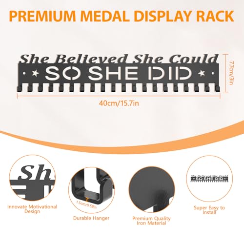 Image of Medal Holder Display Trophy Shelf Organizer, Sturdy Wooden Race Award Hanger Rack with 25 Steel Hooks, Wall Mount Storage Stand for Sports Fans, Cheer Success