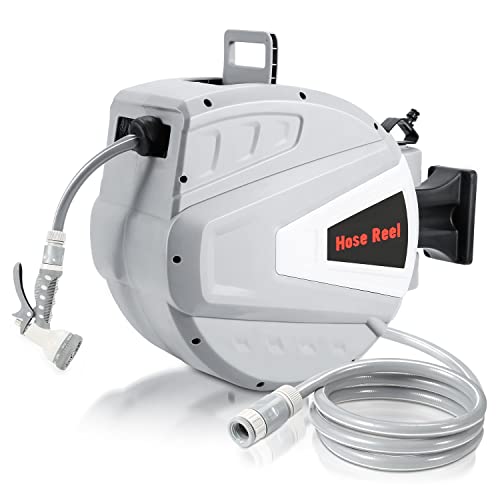 Ansobea Schlauchtrommel Wasser 20+2m mit Wandhalterung/Handbrause/Montagematerial, Aufroll-Automatik Schlauchbox, gartenschlauch trommel wandschlauchbox für Bewässerung-grau