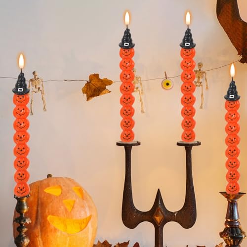 Image of Halloween Flameless Taper Candles with 6H Timer, 2 Pcs Hand-Painted Stacked Pumpkins LED Candlesticks with 3D Flickering Flame for Home Fall Indoor Halloween Decor(0.78 x 11.6 Inches)