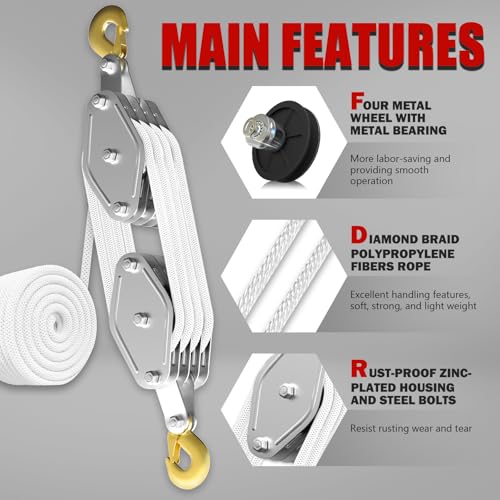 image for YATOINTO Rope Pulley Hoist with Metal Bearing 4400 LB, 8:1 Pulley Bloc