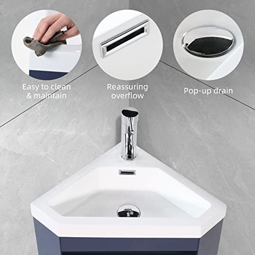 Wonline 16" Corner Bathroom Vanity Sink Combo For Small Space Wall Mounted Cabinet Set Design Navy Resin Basin Sink Top Chrome Faucet And Drain #TOP5