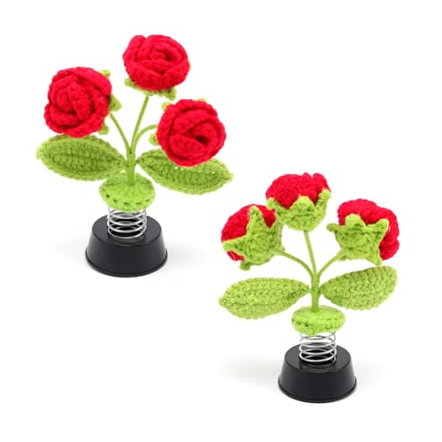 PARFCO Figura de rosas rojas, 14,5 × 9 cm, figura móvil para coche, punto a mano, flor solar, adecuada como cabeza oscilante en el coche, en la oficina y en casa