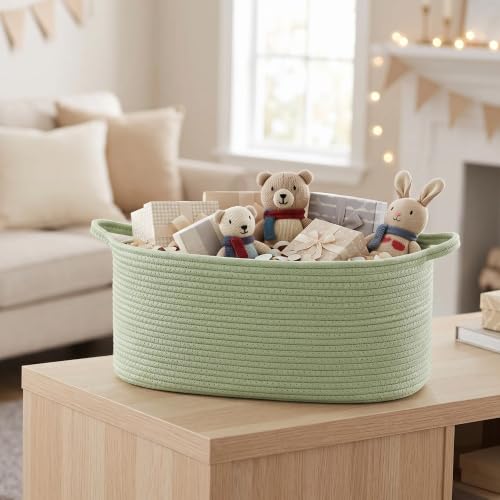 Image of Large Woven Gift Basket Empty, Green Cotton Rope Storage Bin, Dog Toy Box, Baby Nursery Organizer Bin, Decorative Big Shelf Basket, Blanket Storage, Room Decor, Sage Green, 19.6 inchx11 inchx7.8 inch