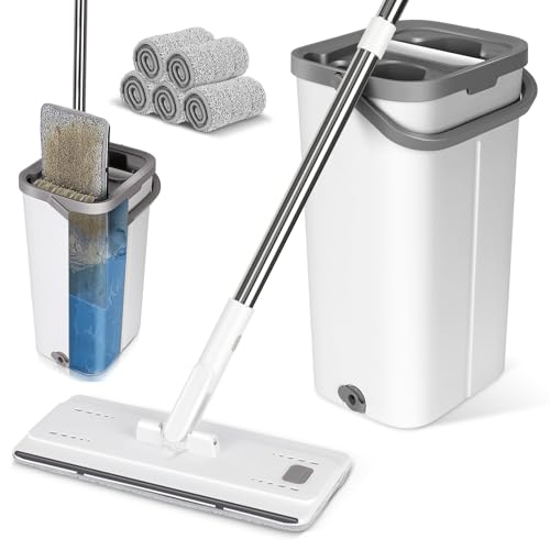 Myiosus Juego de Fregona con Cubo, Trapeador de Piso Plano con Cubo de Función Escurridor para Madera Dura Laminado Azulejos Limpieza de Suelo, Enviar 5 Almohadillas de Microfibra