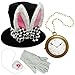 White Rabbit Costume Set, Black Top Hat with White Rabbit Ears, with Jumbo Clock Necklace, Halloween Costume Accessory's Hip Hop Rapper Costume by 4E’s Novelty