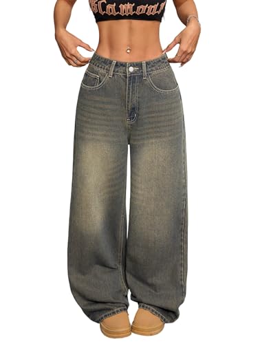 OYICAI Damen Baggy Jeans Weite Beine Denim Hose Y2K 90er Vintage Hip Hop Loose Streetwear Retro 2000er Jahre Oversize Skater,C20 Retro Blau,S