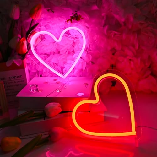 Image of Britrio Pink Heart Neon Sign, Red Heart LED Neon Light Room Decor for Girl Bedroom for Birthday Party Home Wall Decoration Mothers Day Valentine Gifts Battery Operated or USB Powered