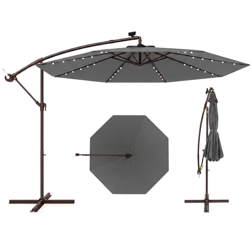COSTWAY Parasol Déporté 3x3M avec 40 LED Solaire, Parasol de Jardin Extérieur à Manivelle, Inclinable avec Double Toit Ventilé, 8 Baleines, Protection UV,...