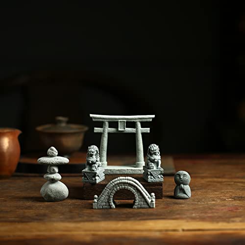 6 Pcs Mini Zen Garden Accessories, Miniature Garden Bridge Foo Dogs Torii Gate Sandstone Figurines Meditation Zen Decor Japanese Fish Tank Terrarium Decorations Plant Pots Bonsai Craft Decor (M) #TOP4
