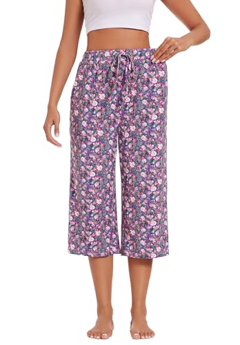 Image of Kabento 2 Pack Womens Pajama Pants Capri Sleep Lounge Pants Drawstring Pj Bottoms with Pockets