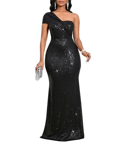 Image of Cololura Women Sexy Sequin One Shoulder Mermaid Formal Party Cocktail Gowns Bodycon Evening Maxi Dress