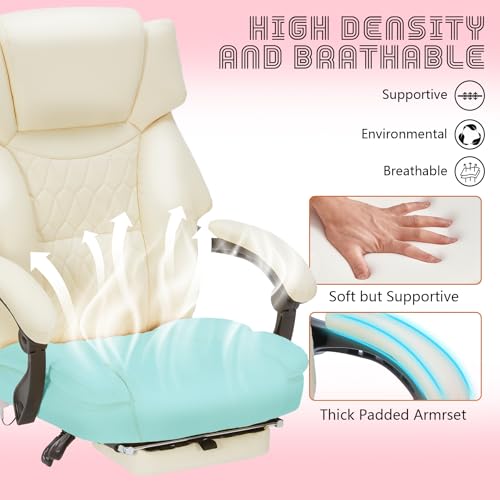 Image of Massage Office Chair with Foot Rest 6 Points Vibration and Heat Home Office Desk Chairs for Heavy People 400lbs Reclining Managerial Chairs Ergonomic Executive Chair (Cream)