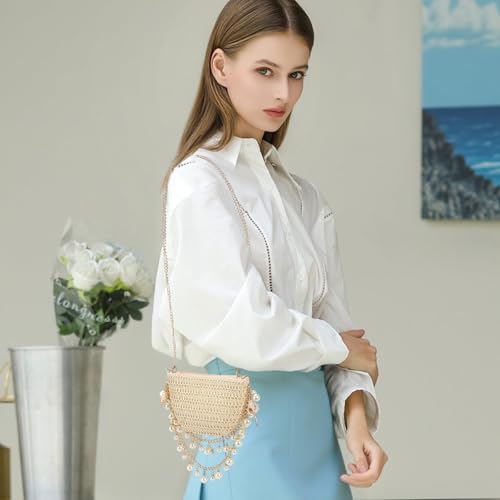 Seashell Purse for Women 9 Inch Handwoven Straw Clutch with Pearl Beads & Detachable Straps Beach Wedding Evening Party Purse Summer Vacation Crossbody Bag Gift4