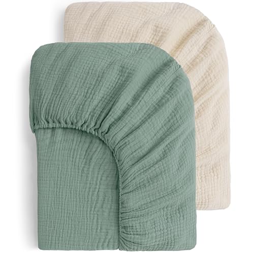Image of Yoofoss Muslin Crib Sheets for Boys Girls 100% Cotton Fitted Baby Crib Sheet 2 Pack Soft and Breathable for Standard Crib Mattress & Toddler Mattress 52"x28" Apricot&Green