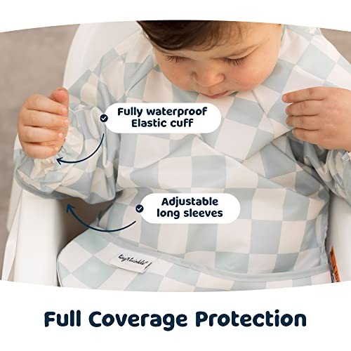 Image of Tiny Twinkle Long Sleeve Bib for Babies & Toddlers | Waterproof Smock Bib for Eating | Machine Washable & Mess-Proof Feeding Essentials | Newborn Shower Gift (Checkers Sage, 6-24M)