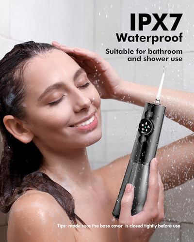Munddusche Kabellos Water Flosser Zahnreinigung : LED-Anzeige 5 Modi Zahndusche mit 300ML Wassertank & 6 Düsen, IPX7 Wasserdichte Oral Irrigator Munddusche Testsieger(Schwarz) – Bild 7