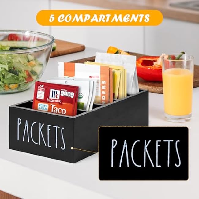 Seasoning Packet Organizer, Spice Packet Storage Organizer with 5 Compartments, Wooden Food Packet Organizer, Caddy Storage for Kitchen Pantry Cabinet, Modern Kitchen Organization Bins(Black)