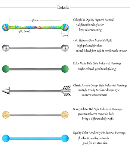 30Pcs 14G Stainless Steel Industrial Barbell Earrings for Women Men Cartilage Helix Body Piercing Jewelry 38mm 1&1/2 Inch Piercing Bar2