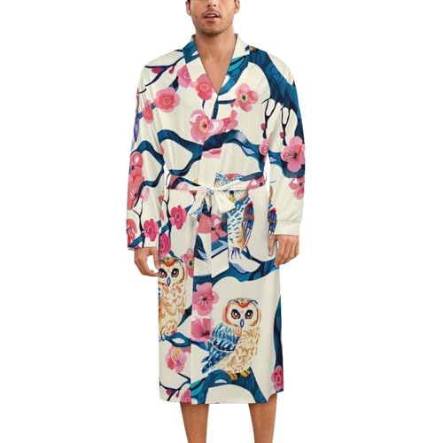 Colorful Owl Cherry Soft Robe Long Sleeve Bathrobes V Neck Sleepwear Spa Robes with Belt Men Woman