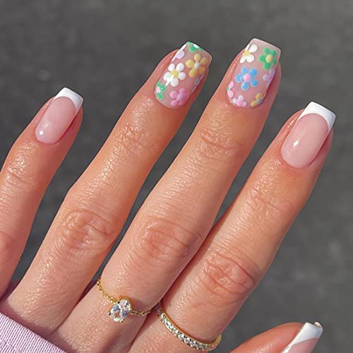 White French Multicolor Flowers Press On Nails - Coffin Stick On Nails Nails Tips Full Cover Fake Nails Glossy Nails For Women Girls Diy Nail Manicure 24 Pcs False Nails #TOP28