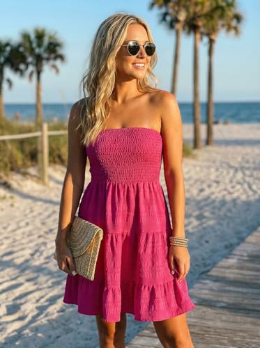 Image of AIMITAG American Flag Smocked Strapless Mini Dress Womens Flag Stars Vertical Striped Ruffled Tube Top Dress Beach Sundress