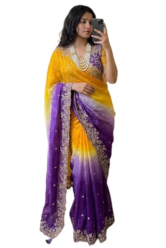 Image of Soft Fandy Satin Saree with Fancy C Pallu, Sequence Zari Work & Heavy Embroidered Stitched Blouse (Free Size)