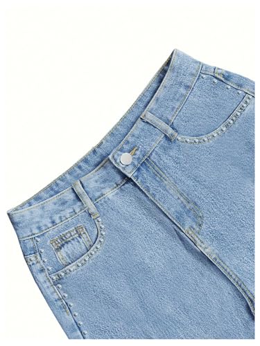 WDIRARA Women's High Waisted Rivet Jeans Streetwear Straight Leg Denim Pants4