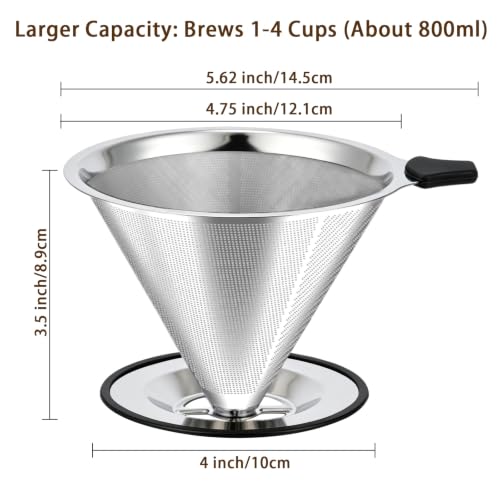 Image of Large Size Pour Over Coffee Dripper, Stainless Steel Coffee Filter, Paperless Reusable Coffee Filter, Double Micromesh 600 Mesh Strainer Coffee Maker with Heat-Resistant Silicone Handle & Base