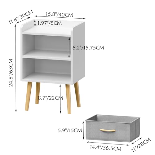 Image of extrasleep White Wooden Nightstand with Fabric Drawer, 2-Tier Modern Storage End Table, 25 inch H Wood Bedside Table with Storage, Small Night Stand for Kids Room Nursery Playroom Bedroom