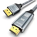 DisplayPort to HDMI 2.1 Cable 6.6FT 8K@60Hz 4K@120Hz Uni-Directional DP (Source) to HDMI (Display) Braided Cord Supports HDCP 2.3 HDR10 Display Port for AMD,NVIDIA,and PC