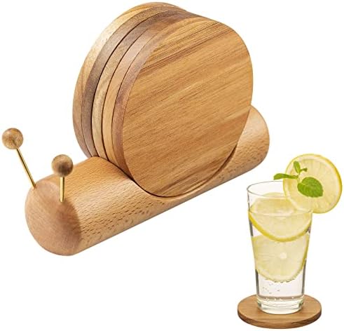 Wooden Coasters Sets for Drink, 4 PCS Pine Wood Coasters with Holder, Snail-Shape Cup Coasters Ideal for Desktop Decoration and Protection