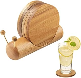 Wooden Coasters Sets for Drink, 4 PCS Pine Wood Coasters with Holder, Snail-Shape Cup Coasters Ideal for Desktop Decoration and Protection