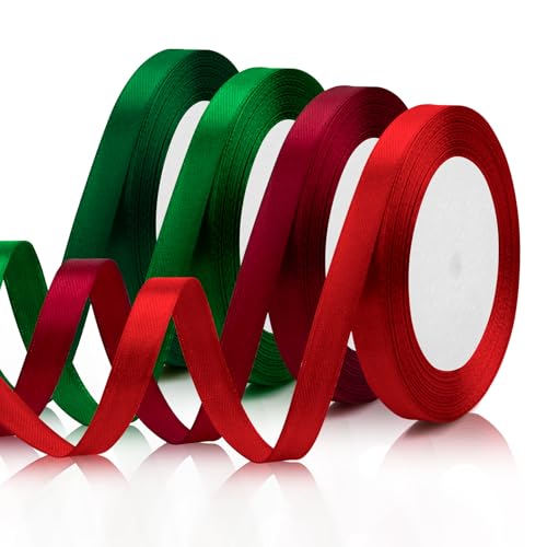 4PCS Christmas Decorations - 3/8 Inch 25 Yds Red & Green Ribbon for Gift Wrapping, Christmas Tree Decorations, Fall & Crafts