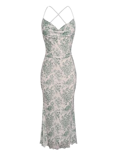 Image of SOLY HUX Women's Floral Mesh Bodycon Cami Dress Cowl Neck Sleeveless Cocktail Party Wedding Guest Long Maxi Dresses