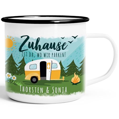 SpecialMe® Emailletasse personalisiert mit Namen Zuhause ist da wo wir parken Wohnwagen Camping Geschenke emaille-weiß-schwarz standard