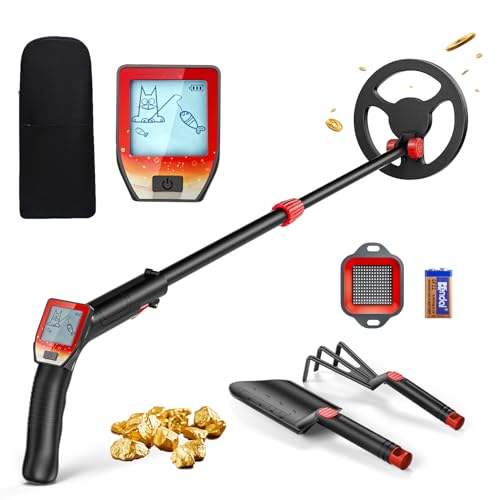 Detector Metales Niños, Ligero Detector de Metales para Niños con Mango Ajustable de 66-83 cm, Pantalla LCD y Bobina de Búsqueda Impermeable, Alta Sensibilidad con Pala Rastrillo Tamiz Bolso, Rojo