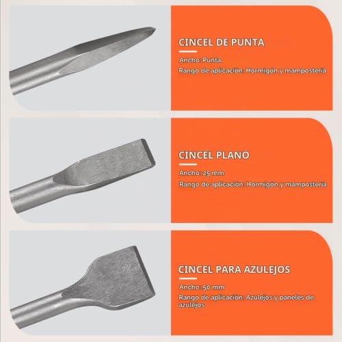 Miniatura 3 de Cprosp 3 Piezas Cincels Sds Max Set 600mm, Cincel Plano 25mm Baldosas 50mm Puntiagudo, Para Concreto, Mampostería,Taladros Ligeros Y Martillos De Impacto