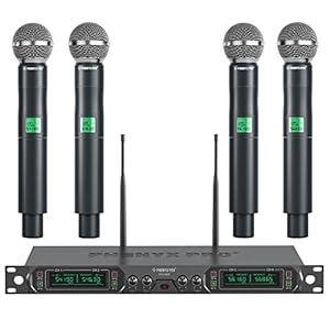 Phenyx Pro Wireless Microphone System, 4-Channel UHF Wireless Mic, Fixed Frequency Metal Cordless Mic with 4 Handheld Dynamic Microphones, 260ft Range, Microphone for Singing,Church(PTU-5000-4H)