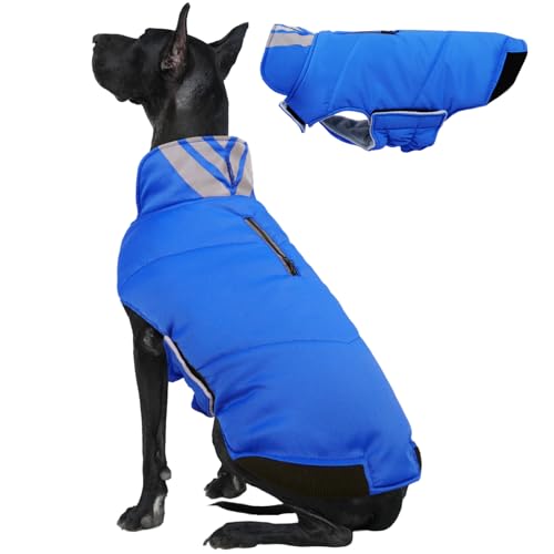 Kuoser Dog Coat Large, Cold Weather Reflective Waterproof Dogs Jacket with Warm Fleece Lining, Turtleneck Dog Winter Coat with Zipper, Doggy Snow Jacket Pet Coats for Small Medium Large Dogs, Blue 3XL