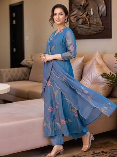 Image of GoSriKi Women's Rayon Viscose Embroidered Anarkali Kurta with Pant and Dupatta | Three Piece Ethnic Kurta Set for Women with Elegant Design