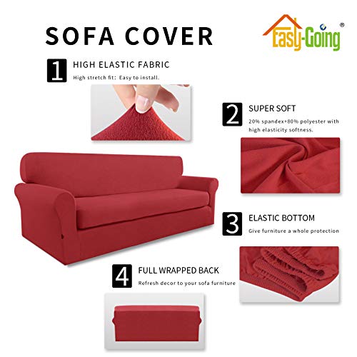 Image of Easy-Going 2 Pieces Stretch Oversized Couch Sofa Slipcover Washable | Spandex Soft Fitted Sofa Couch Cover for Sofa Furniture Protector with Bottom Kids,Pet Dog Christmas Red
