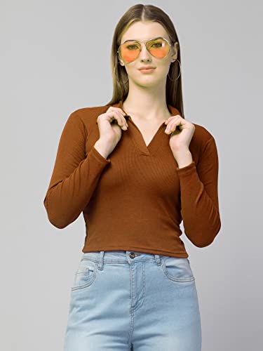 Image of Ribbed Polo Collar Full Sleeves Tops for Women