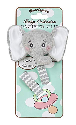 Image of Bearington Collection Baby Lil’ Spout Plush Gray Elephant Pacifier Holder with Satin Leash and Clip
