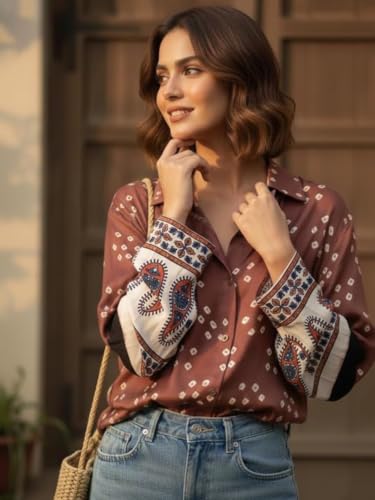 Image of GRECIILOOKS Women Printed Formal Shirt | Stylish Office Top | Casual Full Sleeve Shirts | Trendy Summer Tops | Smart Casual Printed Top for Women's | French Crep Button Down Modern Fit