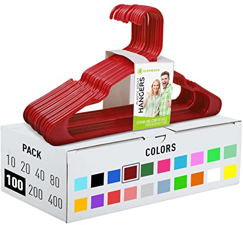 Eldorado Hangers for Adult Size Clothing, Plastic, Ideal for Everyday Standard Use Clothes, Shirts, Blouses, T-Shirts, Dresses, Jackets, Suits. Color - Burgundy, Pack - 100 PCS.