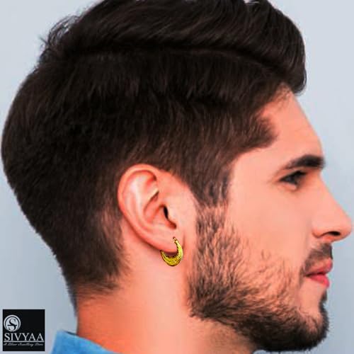 Image of SIVYAA Men's Single Piece Kaju Shape Bali Hoop Earrings | Pure 925 Silver | Size 10 mm to 16 mm | Textured Piercing Ear Ring | Bold Cool Look | Gift Item 4 Men Boys Kids | 6 Month Warranty, 1 Pcs