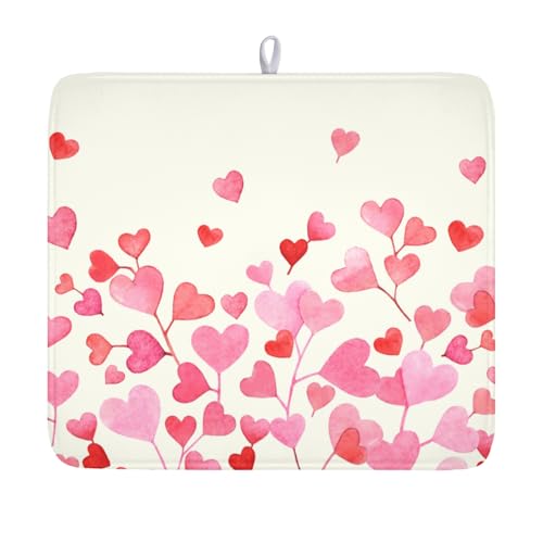 Valentine's Day Dish Drying Mat for Kitchen Counter Pink Love Heart Pattern Drying Mat 16x18 Inch Valentines Holiday Absorbent Dish Drainer Mat Kitchen Accessories