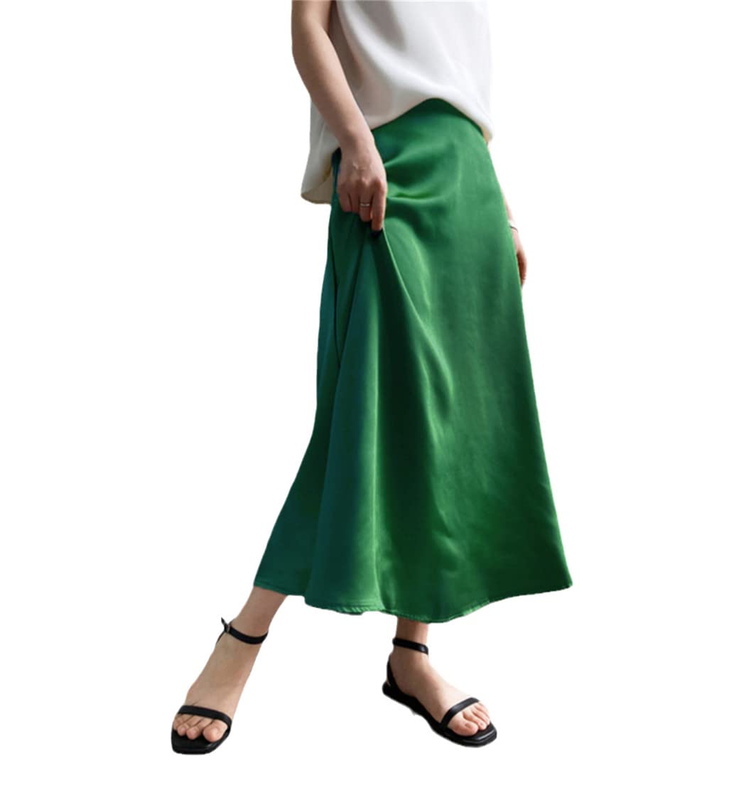 Jupe coréenne en satin de soie unie taille haute pour femme, Vert, 40